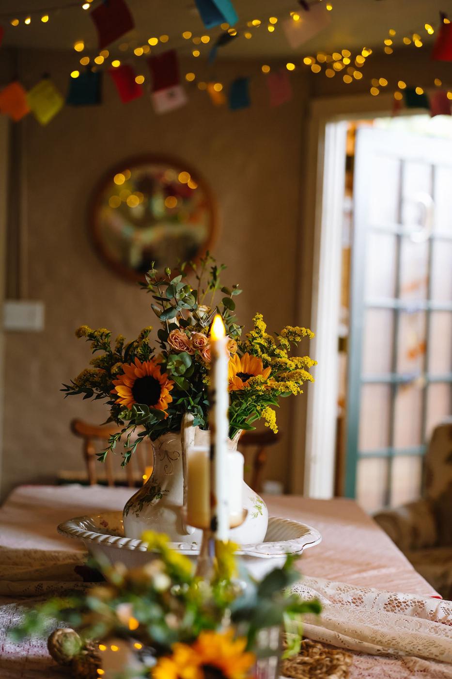 Sunflower and candle centerpiece at a retreat
